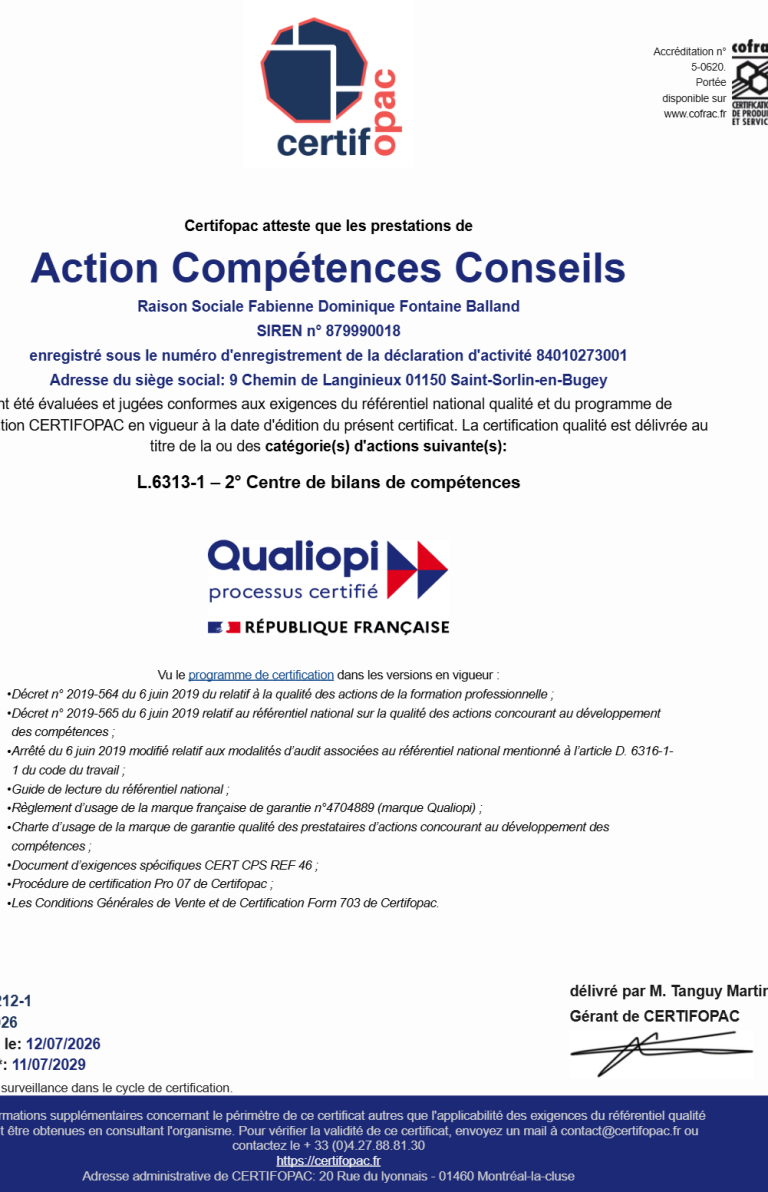 Fabienne Fontaine organisme certifié qualiopi Bilan de compétences sérieux éligible CPF
